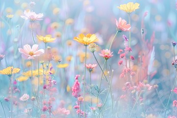 Wild-flower Springtime Symphony: Tranquil Outdoor Panorama in Pastel Blossom Beauty
