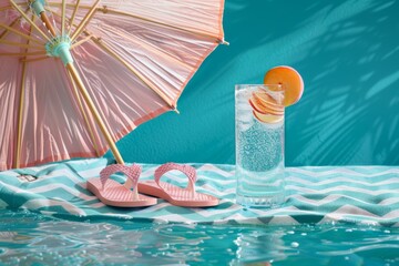 Refreshing summer drink by a poolside with pink sandals and umbrella
