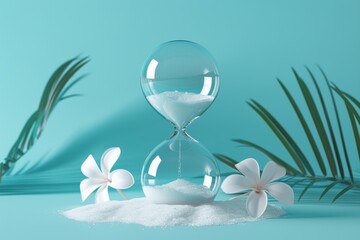 Elegant crystal-clear hourglass on a teal backdrop with white flowers and palm leaves