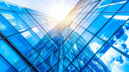 Fototapeta premium the glass facade of a building with the sun shining through it