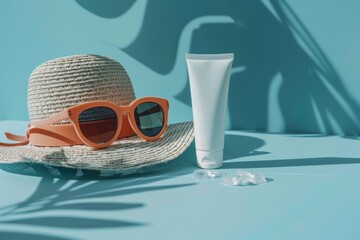 Summer beach essentials with straw hat, orange sunglasses, and sunscreen