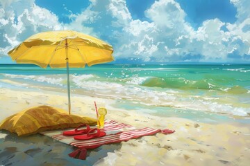 Sunny beach day with yellow umbrella, towel, and flip-flops on sandy shore under a clear sky
