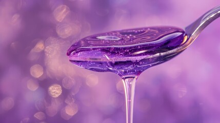 A spoonful of honey drips from a spoon into a purple flower