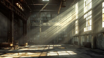 Dynamic interplay of light and shadow in a factory, featuring dramatic chiaroscuro effects and modern industrial aesthetics