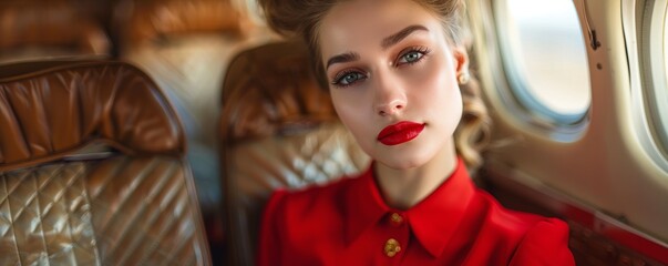 Female flight attendant or stewardess wearing classic red uniform in a retro style airplane. Vintage luxury in first class travel.