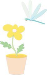 Flowers, birds, sky, clouds, dragonflies