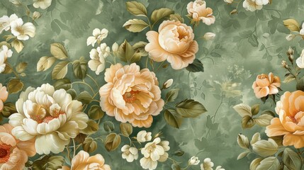 Elegant vintage floral wallpaper featuring beautifully detailed roses and flowers in soft shades of peach and cream against a muted green background.