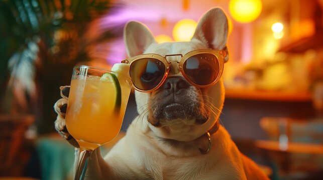 A dog wearing sunglasses is holding a glass of orange cocktail
