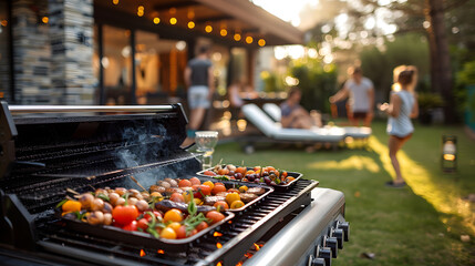 Summer Leisure.A Family Gathering with Barbecue and Grilled Vegetables on Skewers in the Backyard...