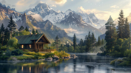 Fototapeta premium Wooden cabin nestled by a serene riverside, with snow-capped mountains in the distance. Ai generated