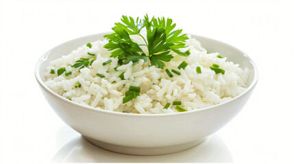 Bowl with tasty boiled rice on white background