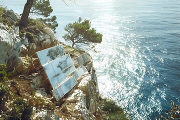 Synthetic photosynthesis panels on a cliff overlooking the sea.