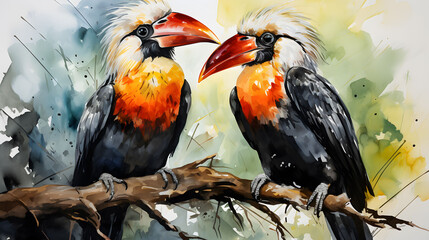 watercolor painting of couple of hornbills.