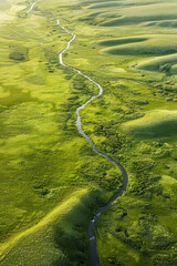 Aerial view of an endless grassland with a distant river