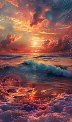 Artisitc groovy boho sunrise dawn or sunset setting sun at sea or ocean coast colorful vertical vacation travel background