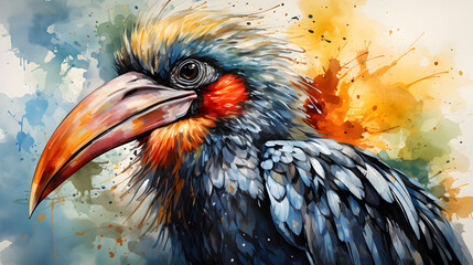 watercolor painting of close-up hornbills.