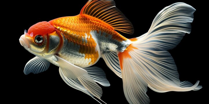 Elegant goldfish with flowing fins on a black background