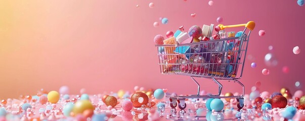 Fototapeta premium Generative AI illustration of composition of miniature shopping trolley with assorted multicolored mockup products placed on pink background