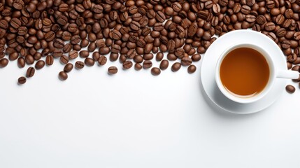 Fototapeta premium Arrangement of coffee beans and a coffee cup with space for copy.