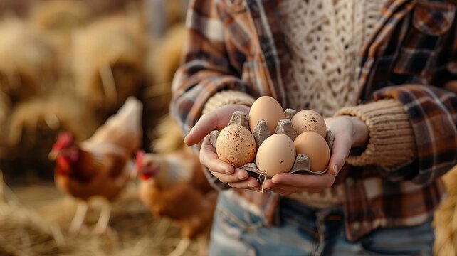 a woman holds chicken eggs in her hands against the background of chickens ,Generative AI, - Powered by Adobe