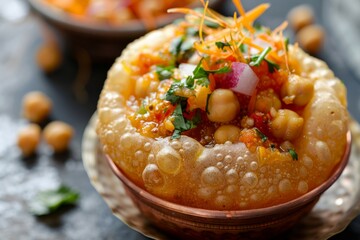 close-up shot of a single pani puri filled with spicy and tangy flavored water, mashed potatoes, chickpeas, and tamarind chutney. 