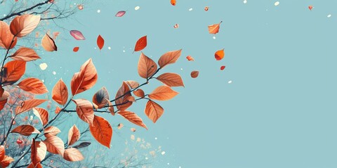 Fall themed Background, with Leaves against Blue Sky. Seasonal Banner with copy-space.