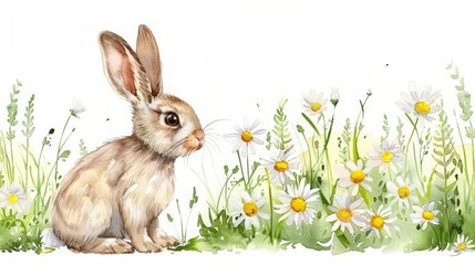 A charming bunny hopping through a field of daisies is depicted in this engaging watercolor painting, Clipart minimal watercolor isolated on white background