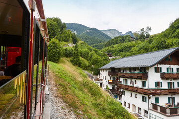 Schafberg railway and wagon. Vintage mountain train in Salzburgerland. Austria