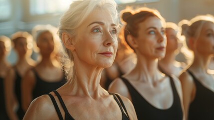 Group of women of mixed ages from 40 to 60 taking a ballet class, wearing dance clothing black leotards in large sunny room, dance studio. Generative ai