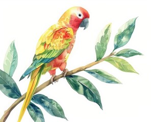 A charming kawaii watercolor painting depicts a colorful parrot perched on a tropical branch, Clipart minimal watercolor isolated on white background