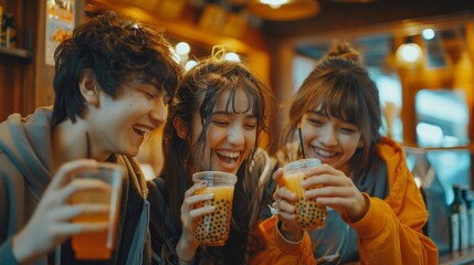 Smiling teenagers drinking and enjoying Bubble boba milk tea with tapioca pearls, blurred cafe restaurant background. Summer drink concept. Generative ai