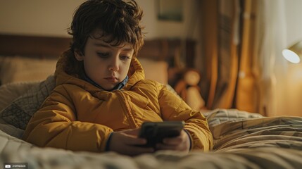 Young Boy in Jacket lies on bed and Using Smartphone in bedroom. Gadget addiction in children and adults concept. Generative ai