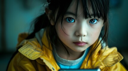 Little Asian Girl Using Smartphone in her home. Gadget addiction in children and adults concept. Generative ai