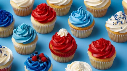 Patriotic Themed Cupcakes with red and blue frosting for Celebrations 4 th of July. Veterans Day, Memorial Day, Fourth of July Food Concept. Generative ai