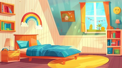 An interior design illustration of a girl child's bedroom featuring a white bed and rainbow sticker. Window, bookshelf, cupboard and rainbow sticker. Preschool playroom decorating ideas for a studio