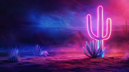 Neon Cactus Stands in a Mystical Desert, Surreal Mexican party background