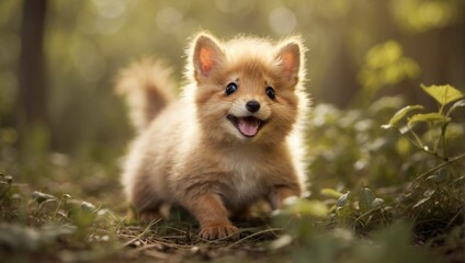 Obraz premium A fluffy, light brown puppy is playfully running in a sunlit forest.
