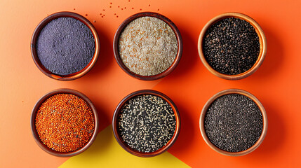 Bowls with different poppy seeds on color background