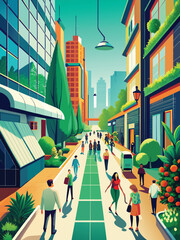 Vibrant Urban Street Scene with Pedestrians and Green Architecture