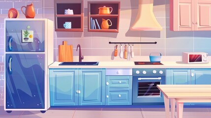 Kitchen interior with tables, fridge, stove, microwave and cabinets. Modern refrigerator, kitchen counter with sink and dishwasher, microwave, cartoon cartoon set for cooking.