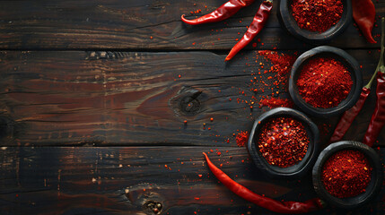 Bowls with red chili powder on wooden background