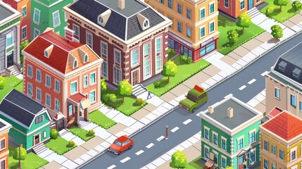 A modern illustration of a city street with buildings and houses. A car on the road and an isometric home exterior landscape for an apartment. No one in the town with a vintage downtown shop design