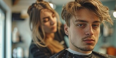 Cropped unrecognizable female hairstylist using electric trimmer on male client's hair at salon
