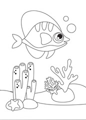 Mini-games for children. Preschoolers. Simple coloring for children. Picture with fish and algae. Logical tasks