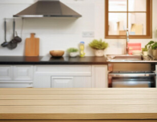 Table top and blurred kitchen room of the background