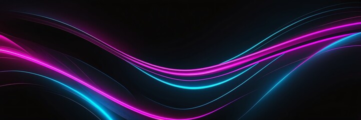 blue and pink neon glowing bright curve lines on black luxury smooth shiny metal background from Generative AI