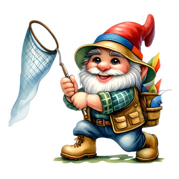 recommend clip art: An exuberant gnome in colorful attire, happily holding a fishing net, with a freshly caught fish peeking from his backpack.