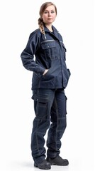 Fototapeta premium Young woman stands confidently wearing a professional mechanics uniform, cut out