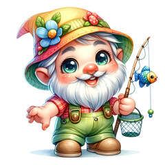 Obraz premium Delightful illustration of a smiling gnome dressed in fishing gear, holding a fishing rod with a small blue fish.