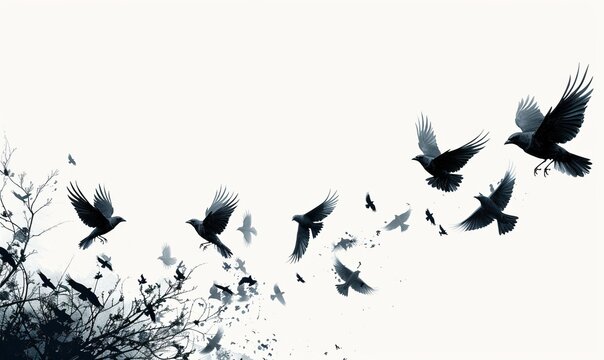 flock of birds flying silhouetted against a white sky